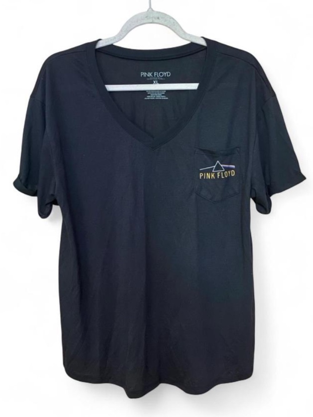 Pink Floyd Black V Neck Pocket Dark Side of the Moon Logo Graphic Tee Women’s XL